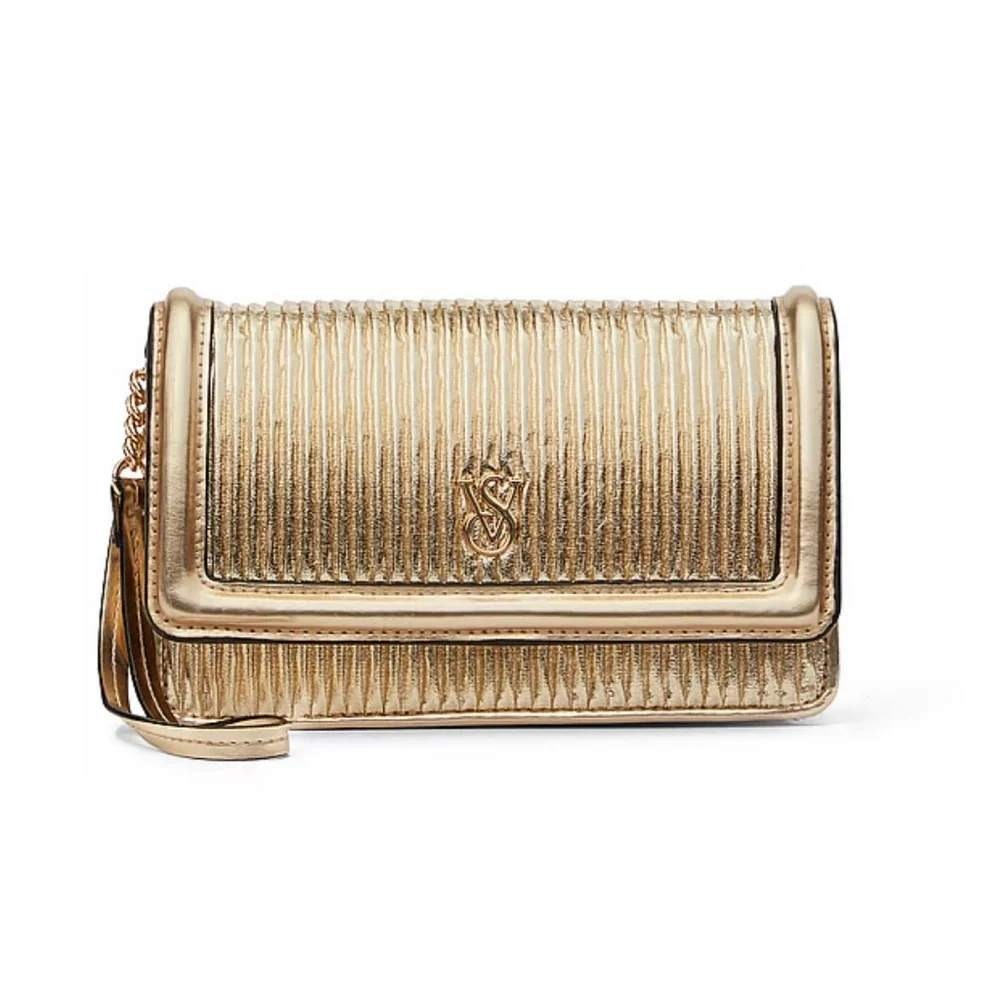 Victoria's Secret Gold Metallic Pleated Wallet VS‎ Logo Snap Organizer Clutch #8